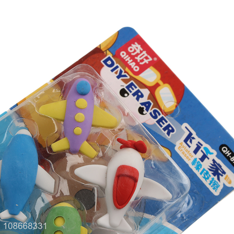 Factory price 6pcs cartoon kids plane shape eraser set for school