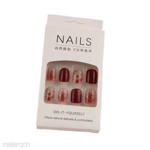Good quality 24pcs press on <em>fake</em> nails floral false <em>nail</em> tips