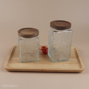 Hot selling square glass clear sealed storage jar food container with bamboo lid