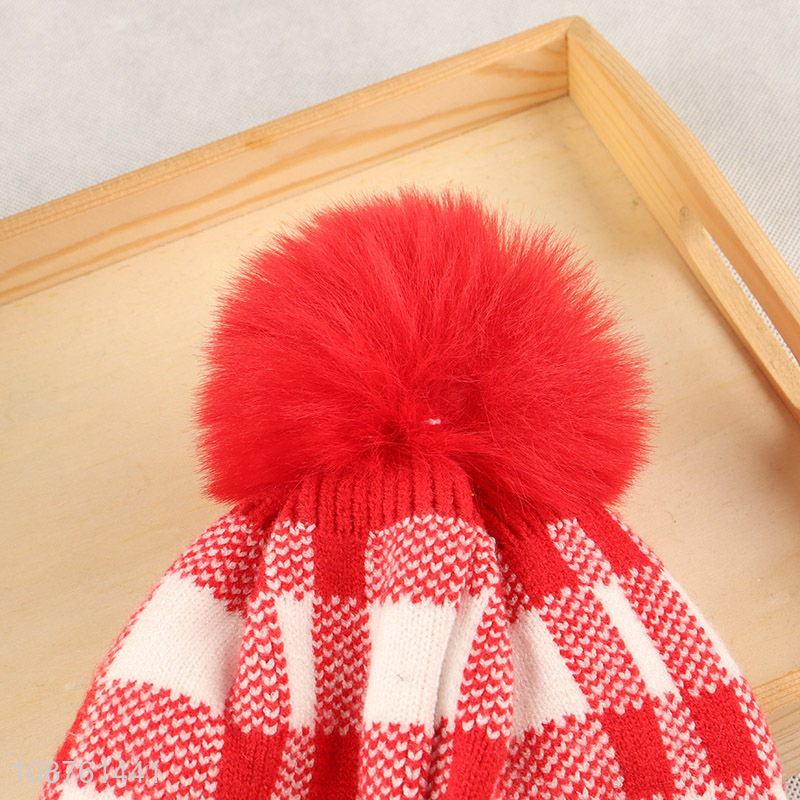 Popular product plaid fleece lined knitted pom pom beanie skull cap