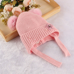 Wholesale kids winter knit earflap beanie with double pom pom