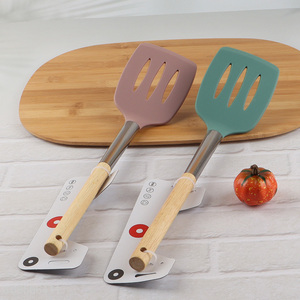 High quality durable silicone slotted spatula turner with wooden handle