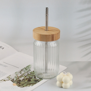 Wholesale clear <em>glass</em> mason jar <em>cup</em> with bamboo lid & stainless steel straw