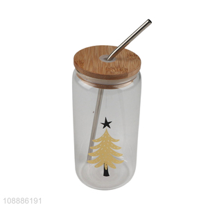 Good quality xmas tree pattern glass water cup with lid&straw