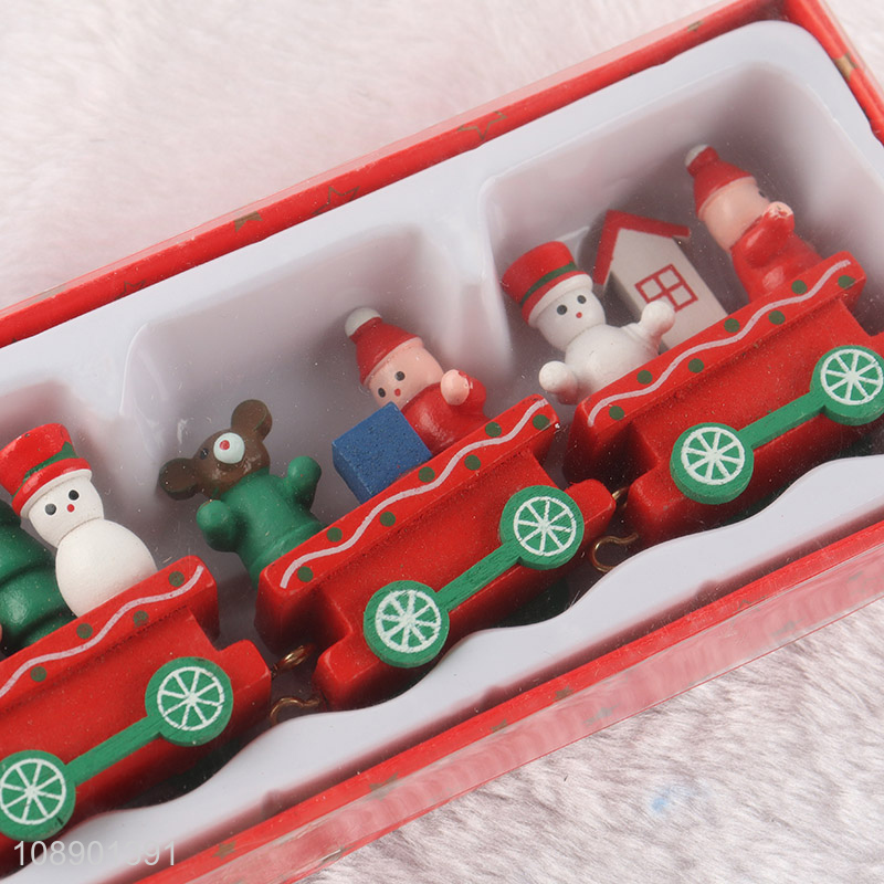 New Product Mini Wooden Christmas Train Set Painted Train Ornaments