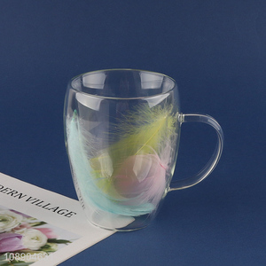 New product double walled <em>glass</em> mug feather <em>glass</em> <em>cup</em> with handle