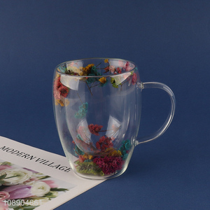 Wholesale double wall flower <em>glass</em> mug heat resistant <em>glass</em> coffee <em>cup</em>