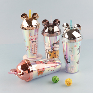 Popular products cartoon printed plastic water cup drinking cup with <em>straw</em>