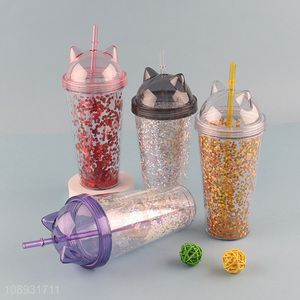 Online wholesale multicolor cat ear plastic <em>straw</em> water cup