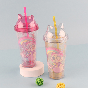 Top products cat ear plastic <em>straw</em> water cup drinking cup with lid