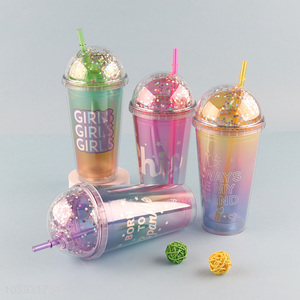 China wholesale multicolor glitter plastic <em>straw</em> water cup with light