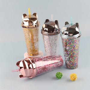 Good price glitter cat ear plastic water cup with <em>straw</em>