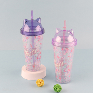 Top quality multicolor cat ear plastic <em>straw</em> water cup with lid