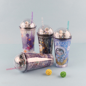 Low price light up double wall plastic <em>straw</em> water cup with lid