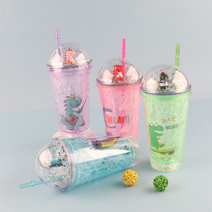 Latest products glitter dinosaur plastic water cup with lid&<em>straw</em>