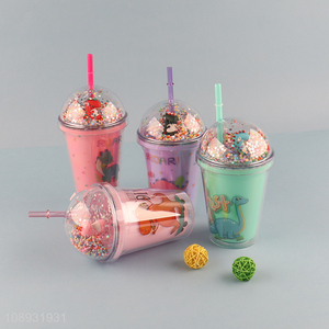 Factory price cartoon dinosaur water cup with <em>straw</em> and lid