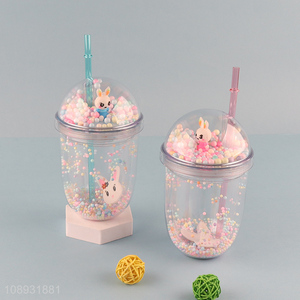 Hot products double wall cartoon plastic straw water cup with cute lid