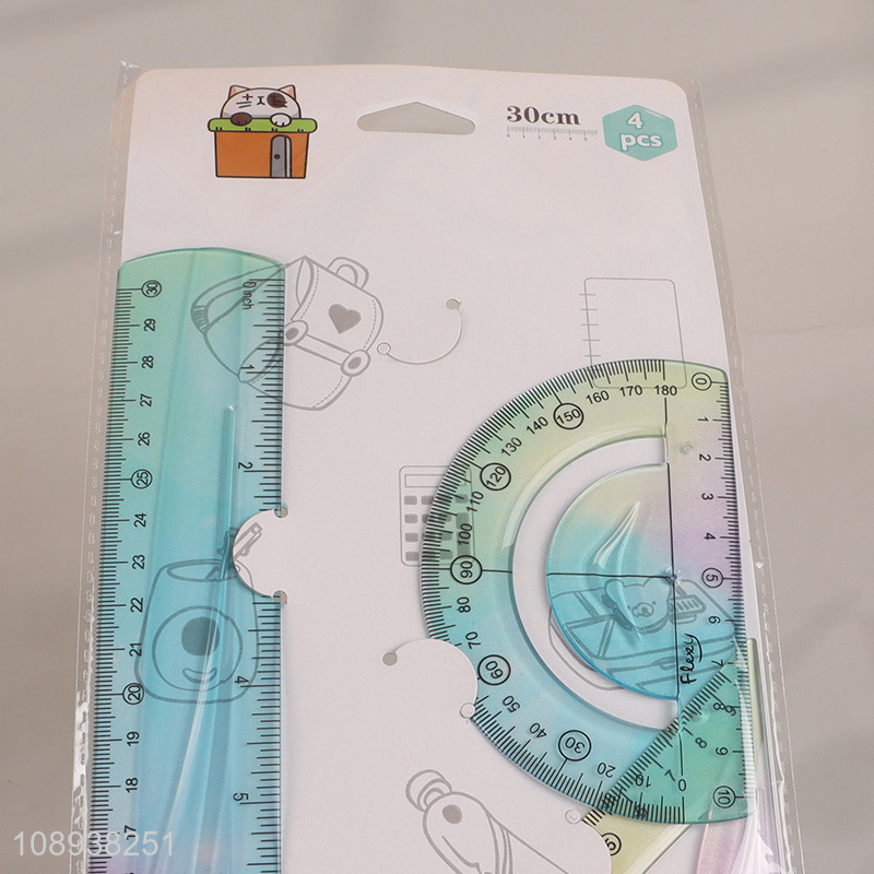 New Product 4 Pieces Math Geometry Kit Plastic Ruler Protractor Set