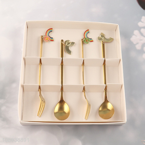 Factory supply 4pcs golden rainbow pendant tableware fork and <em>spoon</em>