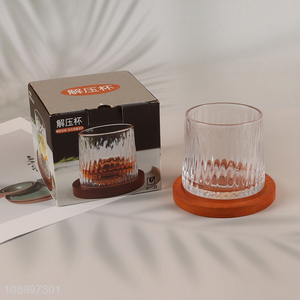 Factory Price Clear Spinning Whiskey Bourbon Glasses with Wooden Coaster