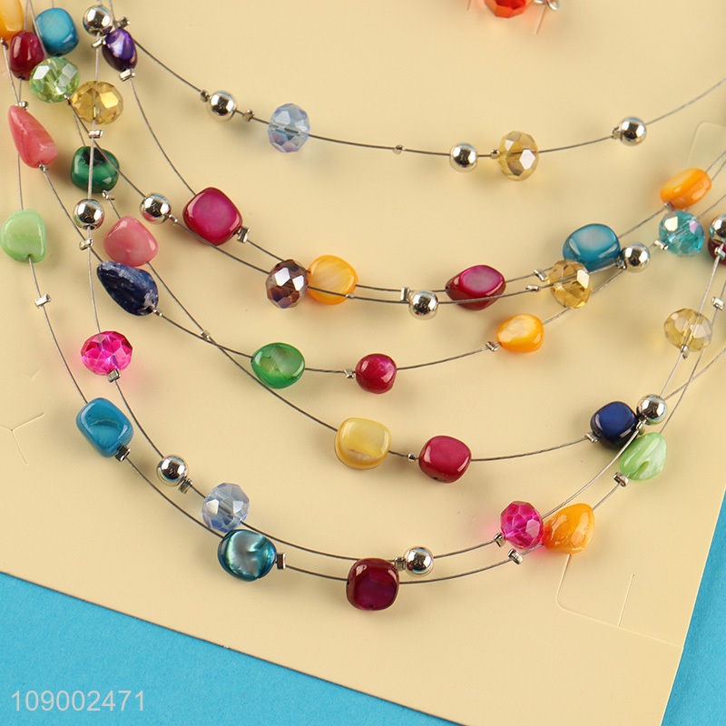 Good Quality Colorful Multi-Layered Beaded Statement Necklace and Earrings Set