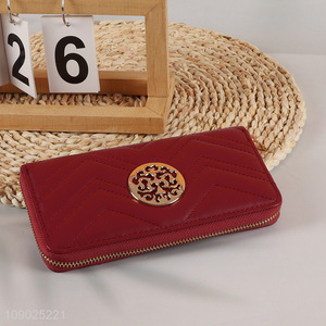 Top sale red long style women pu leather wallet with zipper