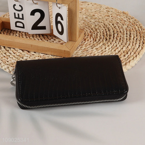 Yiwu market black pu leather fashionable long style wallet for ladies