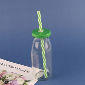 Top selling clear glass empty bottle milk cup juice cup with straw