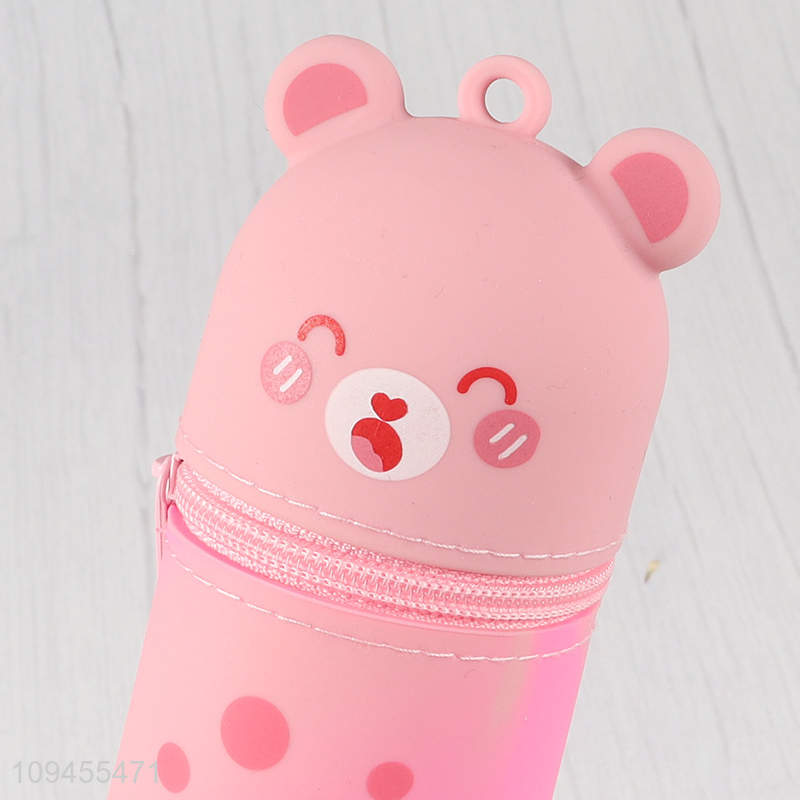 Hot selling pink bear students silicone pencil bag