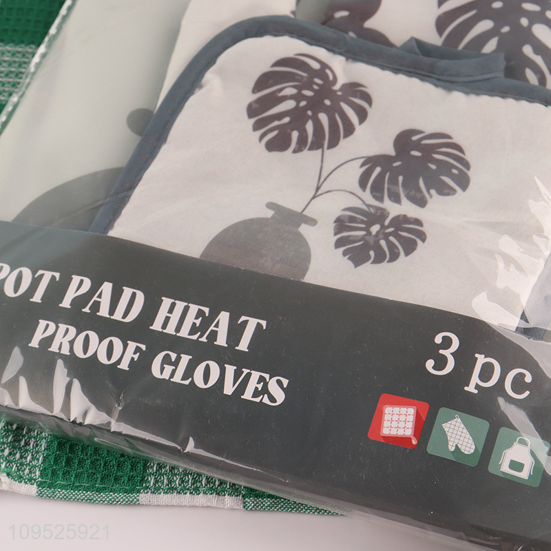 Latest products 3pcs kitchen apron heat pad oven mitts set
